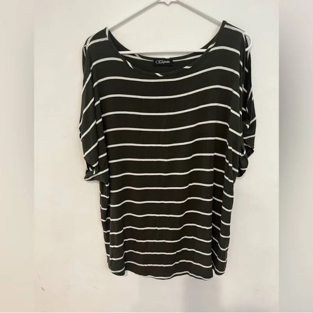 Colette Green and White Stripe Cold Shoulder Dolman Top